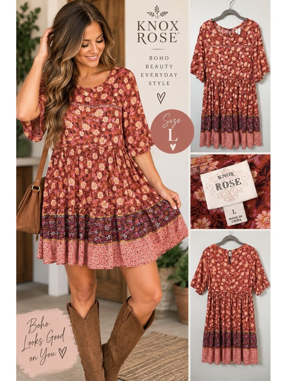 Knox Rose Women’s Large Boho Floral Babydoll Dress Rust Pink Border Print
